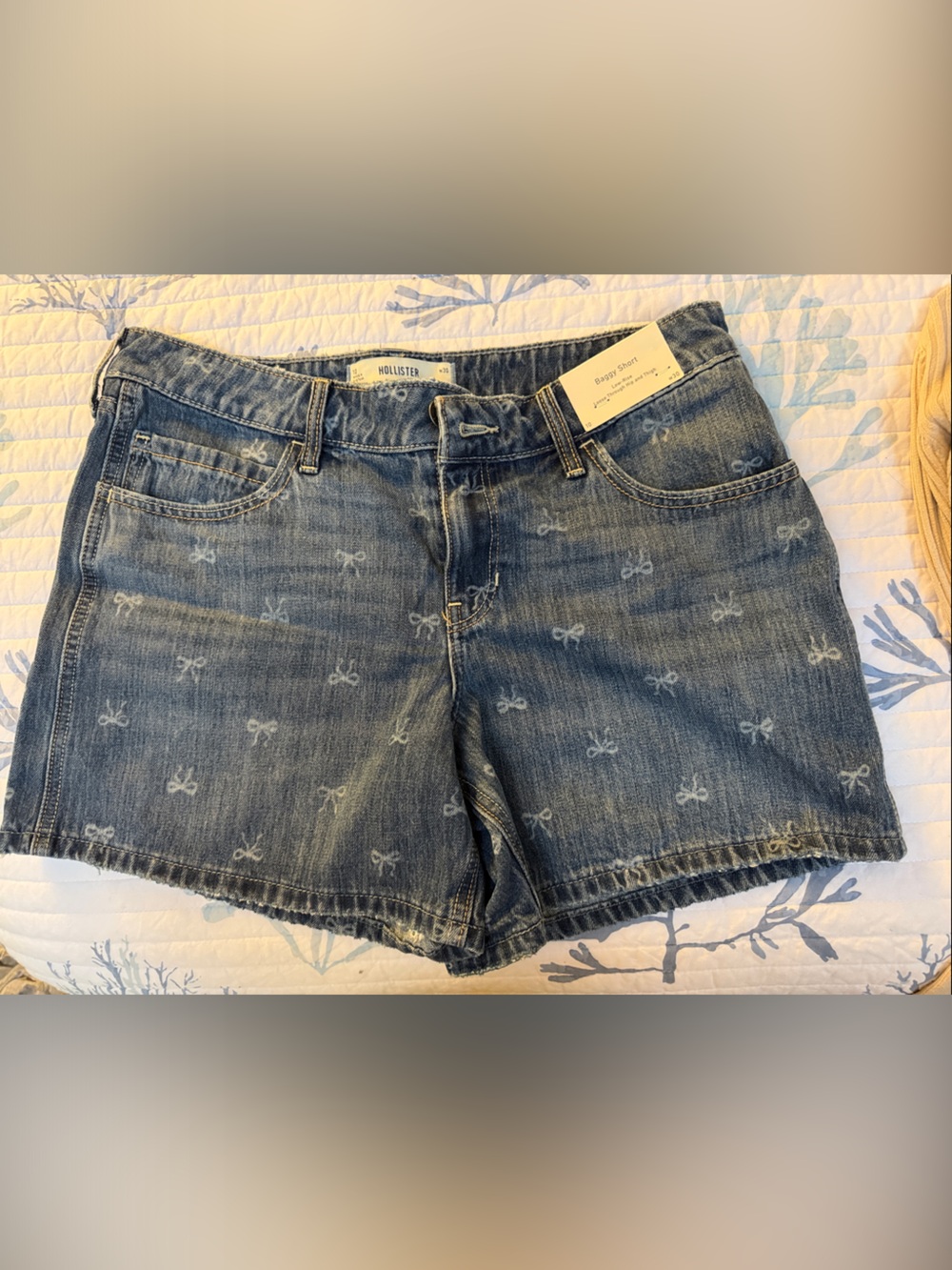 Hollister Light Blue Denim Baggy Shorts with Bow Print